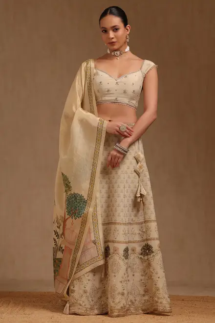 Beige Tissue Embellished Lehenga With Thread Work